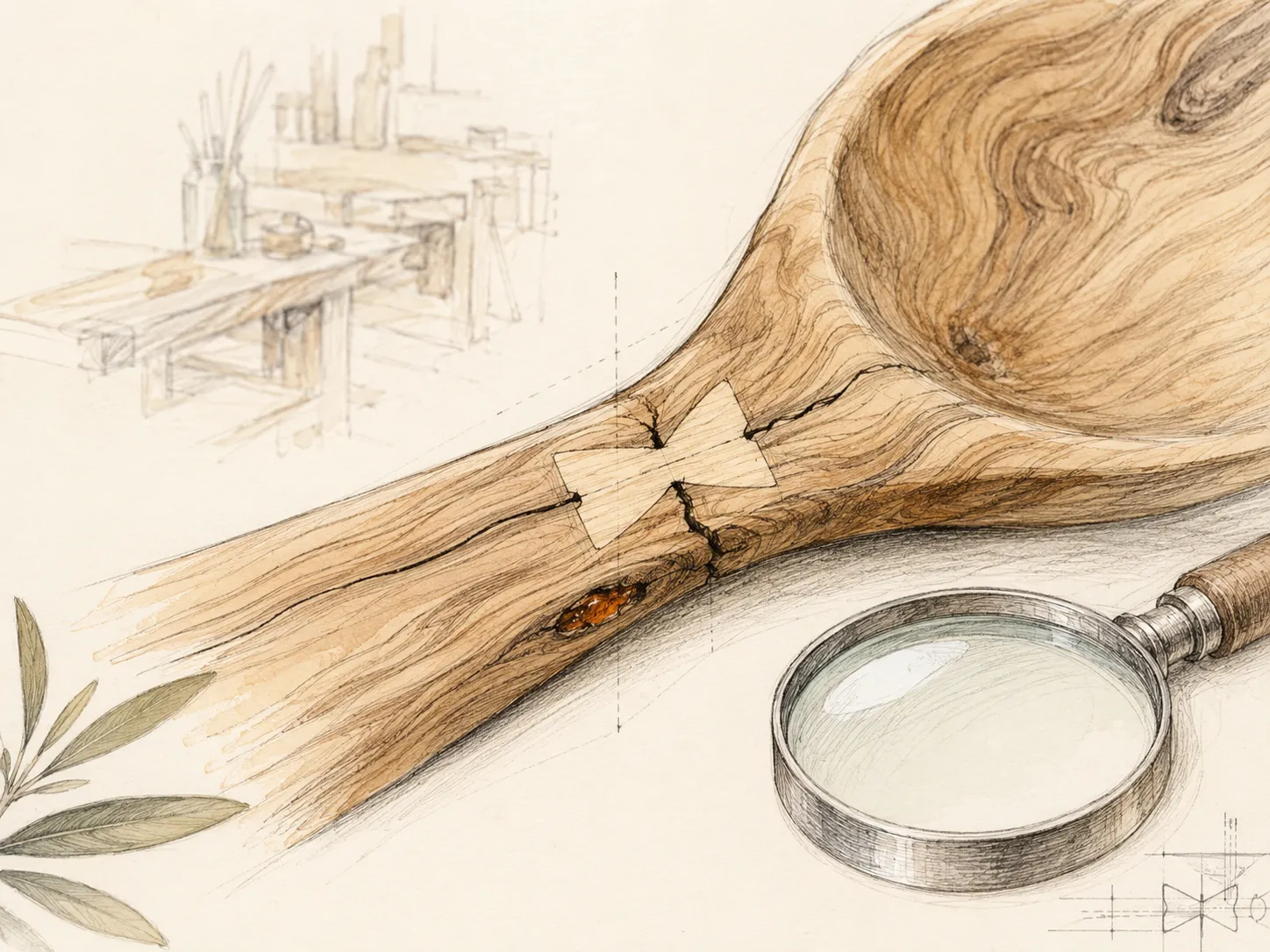 Gros plan d’une cuillère en bois d’olivier : un papillon d’assemblage en bois clair enjambe une fine fissure du manche, un petit nœud comblé de résine ambrée juste à côté et une loupe posée près de la cuillère.