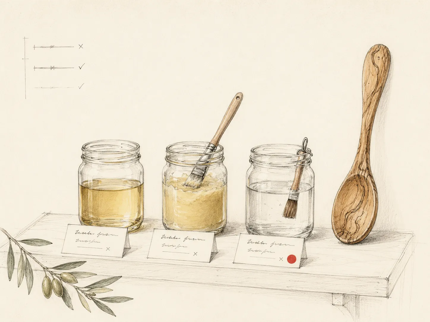 Trois bocaux de finition alignés sur la table de l’atelier — huile d’olive dorée, cire d’abeille crémeuse et vernis sombre