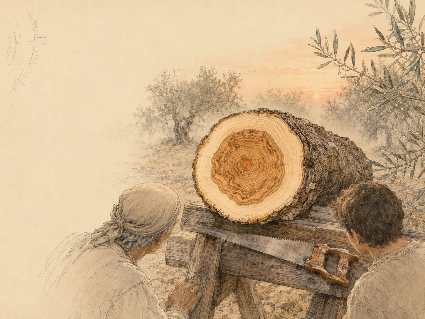 Fabien examine une branche d’olivier fraîchement coupée à l’aube dans l’oliveraie près d’Éguilles