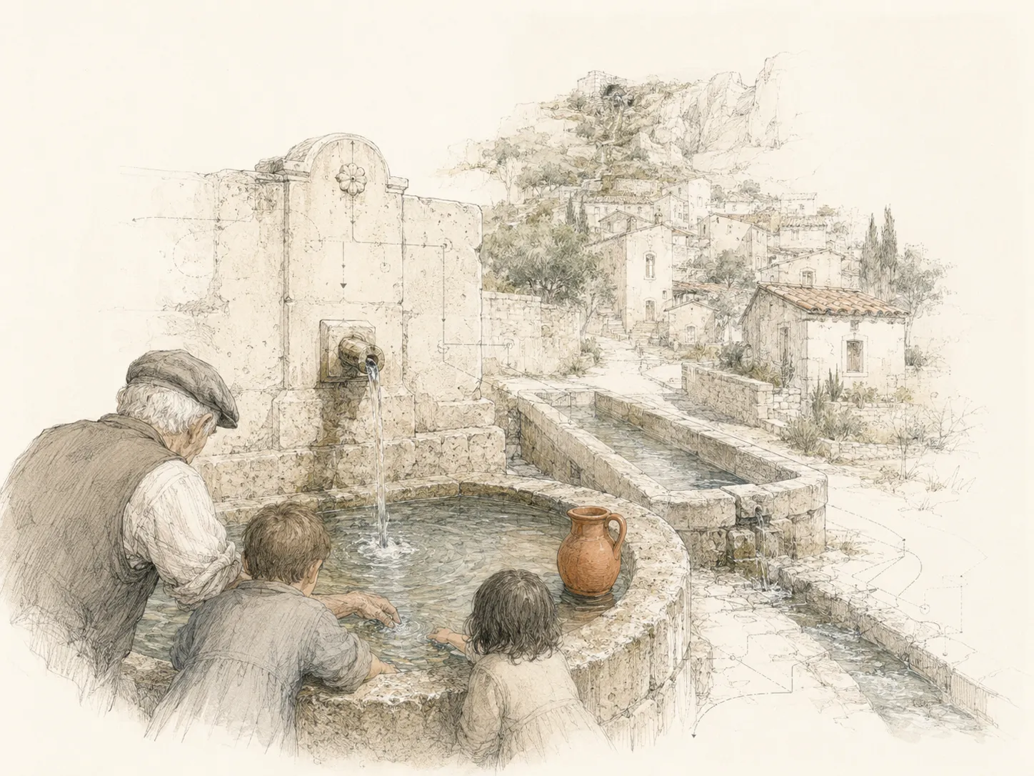 Un grand-père et un enfant accroupis près d’une vieille fontaine de pierre, où coule un mince filet d’eau claire, sur la place d’un village de Provence