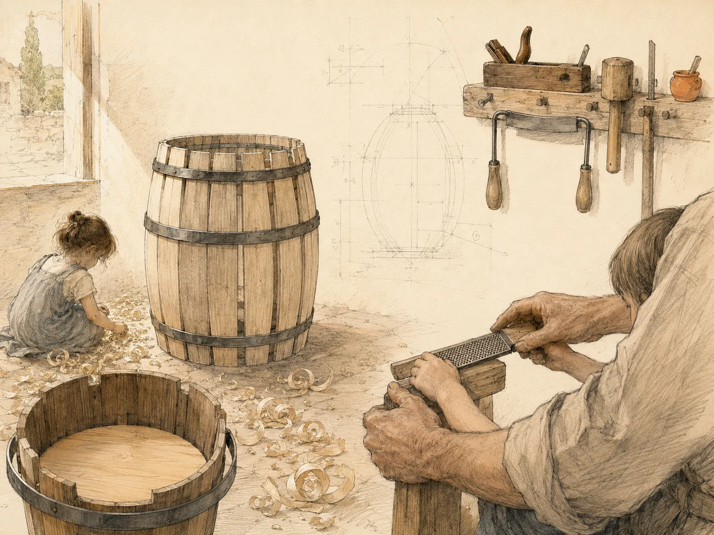 Un artisan tonnelier et un enfant dans un atelier de bois, autour d’un tonneau cerclé de fer, parmi les copeaux clairs et les outils accrochés au mur