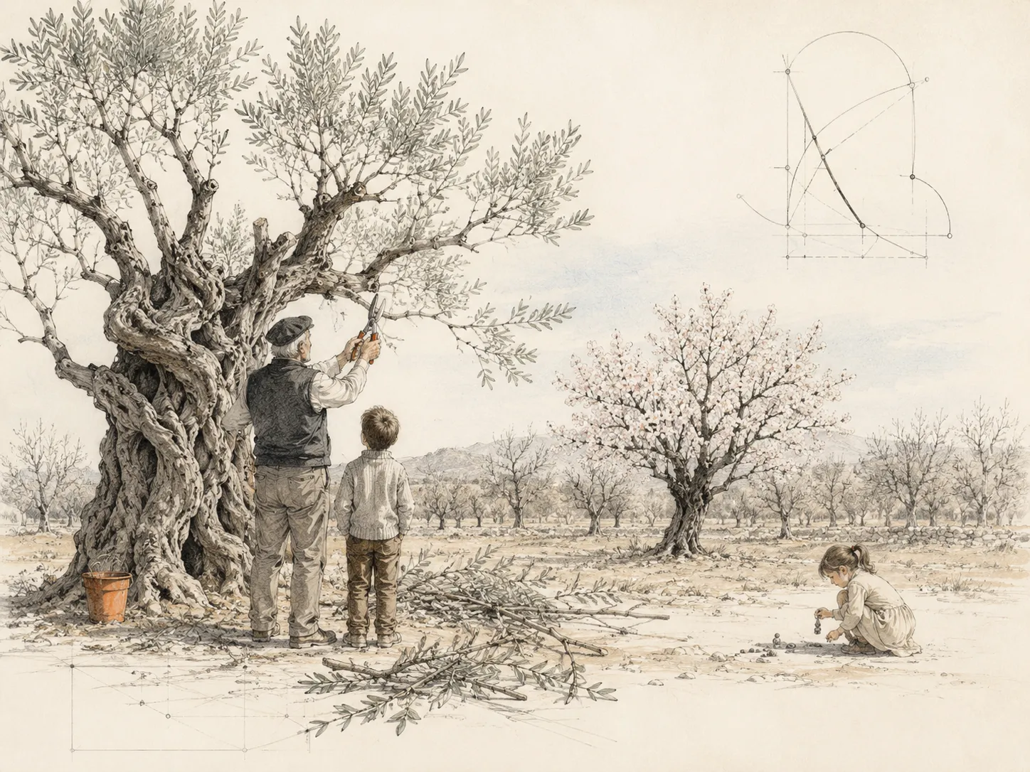 Un grand-père et un enfant taillent un vieil olivier au tronc noueux dans un verger de Provence, un amandier en fleurs blanches au fond, en fin d’hiver