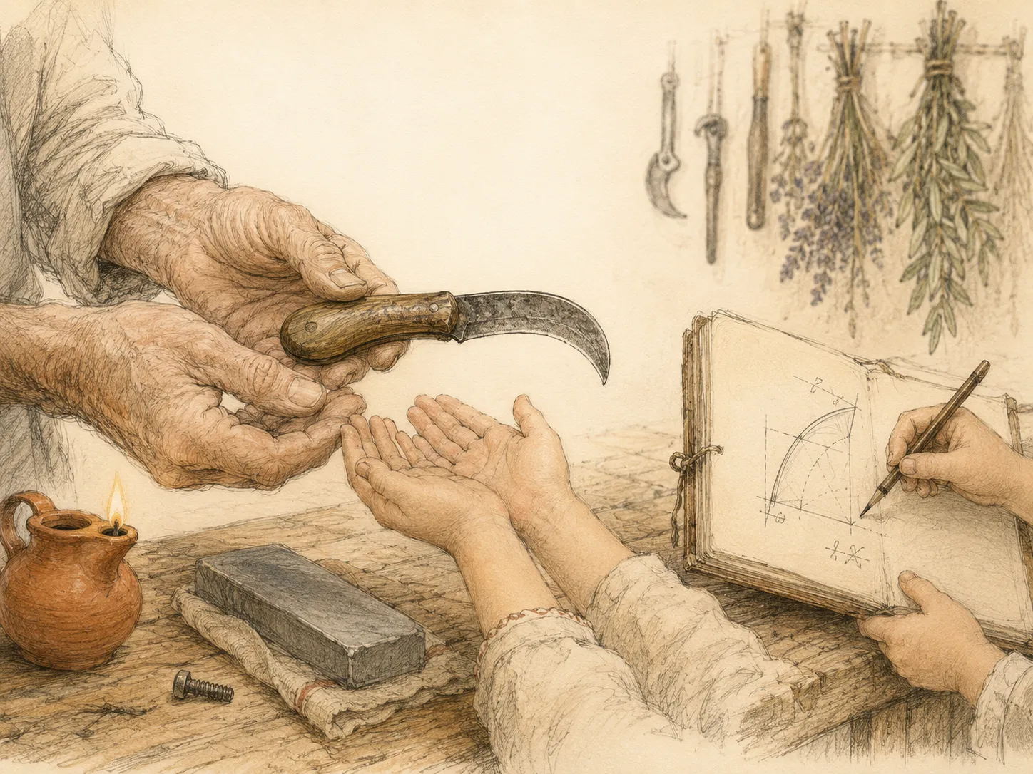 Les mains d’un grand-père tendent un vieil outil de bois au manche usé et lustré à un enfant, dans la lumière chaude d’un atelier de Provence