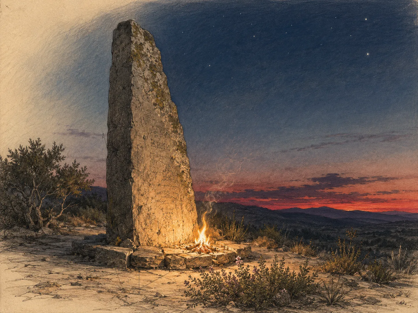 Une pierre levée burinée au crépuscule, un petit feu brûlant à sa base éclaire par en dessous la face gravée du rocher ; autour, la garrigue, un ciel indigo semé des premières étoiles et un horizon rougeoyant au-dessus de collines lointaines.