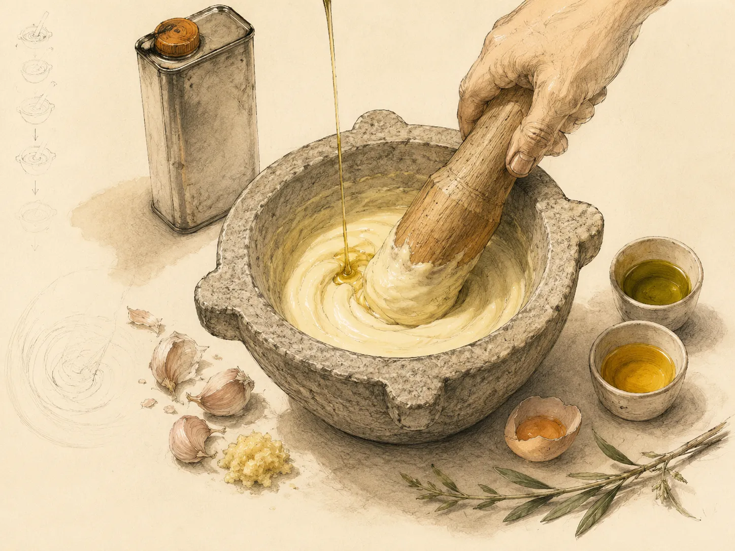 Un mortier de pierre, un pilon, des gousses d’ail et un bidon d’huile d’olive dans la lumière déclinante d’un soir de fin d’été