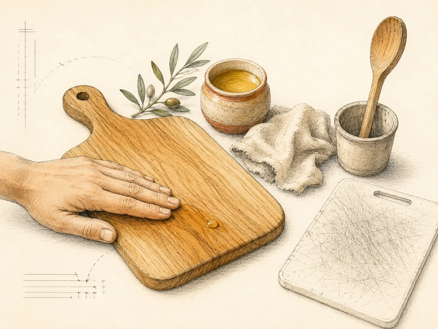 Une vieille planche en bois d’olivier patinée, une cuillère en bois et un pot de cire d’abeille ambrée sous la lumière dorée de fin octobre