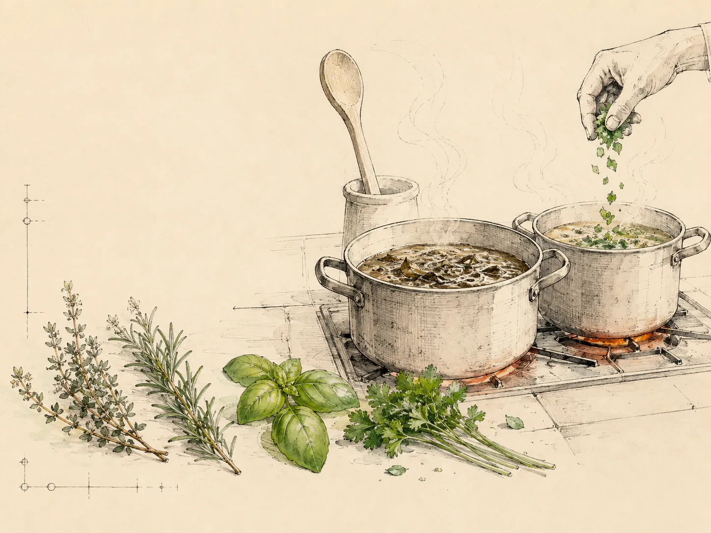 Deux casseroles de soupe sur le feu, leur vapeur montant dans l’air frais d’un soir d’octobre, des herbes posées à côté