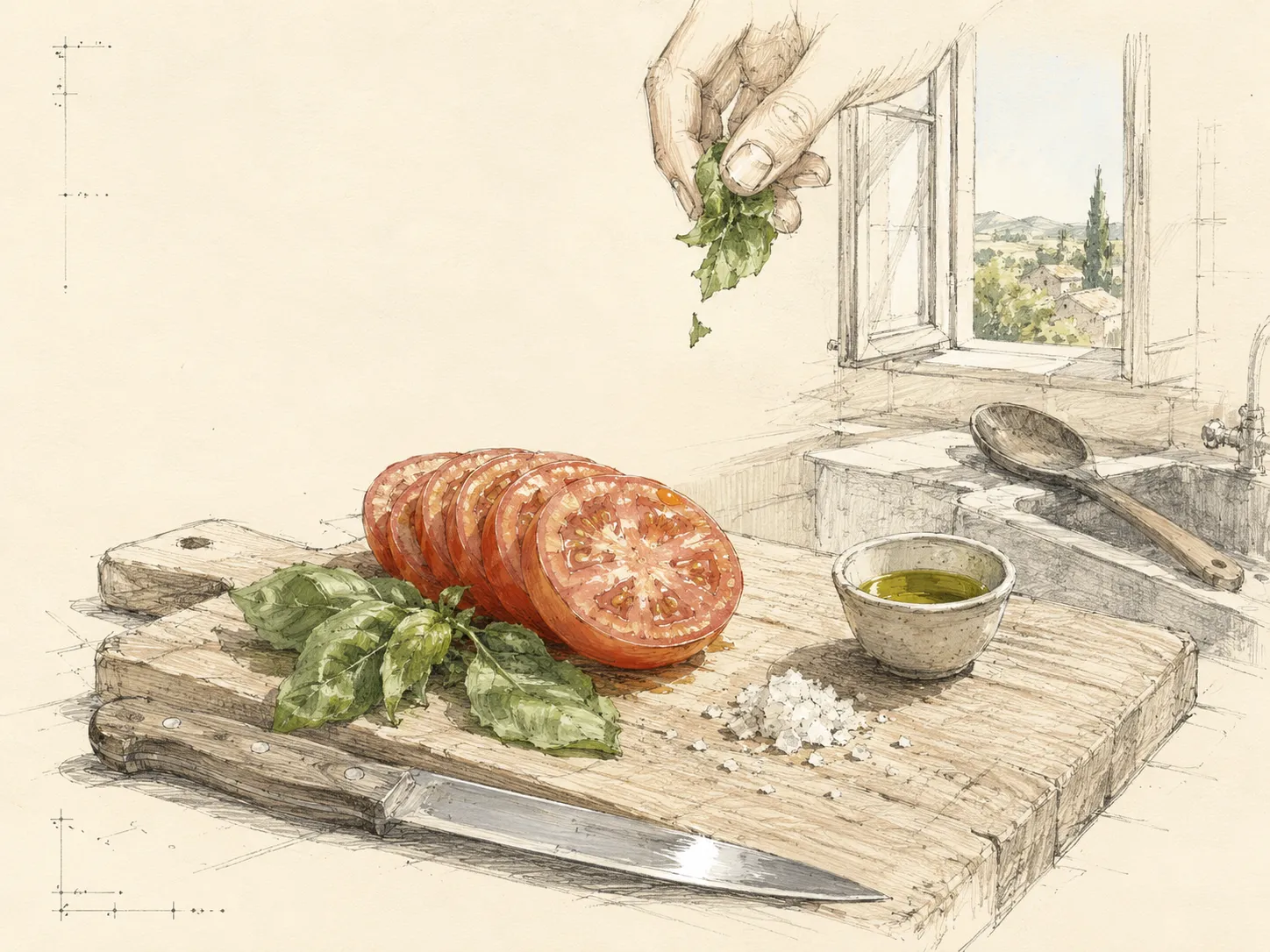 Tomates mûres, feuilles de basilic et gros sel posés sur une planche à découper sous la lumière blanche d’un midi de juillet