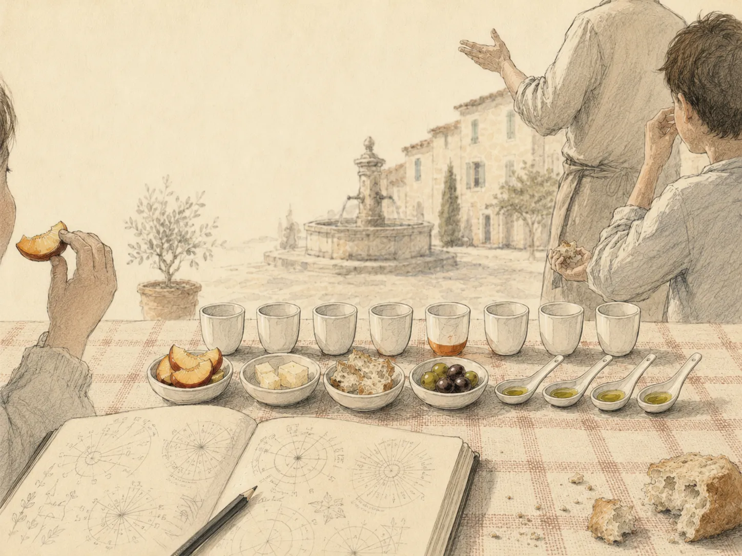 Une petite dégustation sur la place d’un village de Provence : sur une table à carreaux, des coupelles de fruits, de fromage, de pain et d’huile d’olive, des enfants qui goûtent, un carnet ouvert à côté