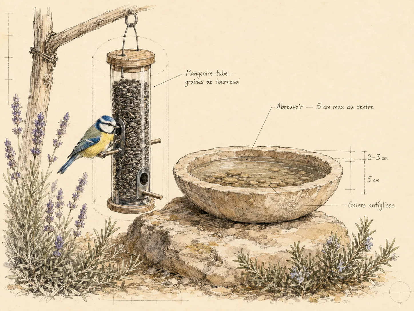 Coin de jardin : une mangeoire-tube suspendue garnie de graines de tournesol et, à côté, un abreuvoir peu profond sur une pierre, lavande et romarin alentour.