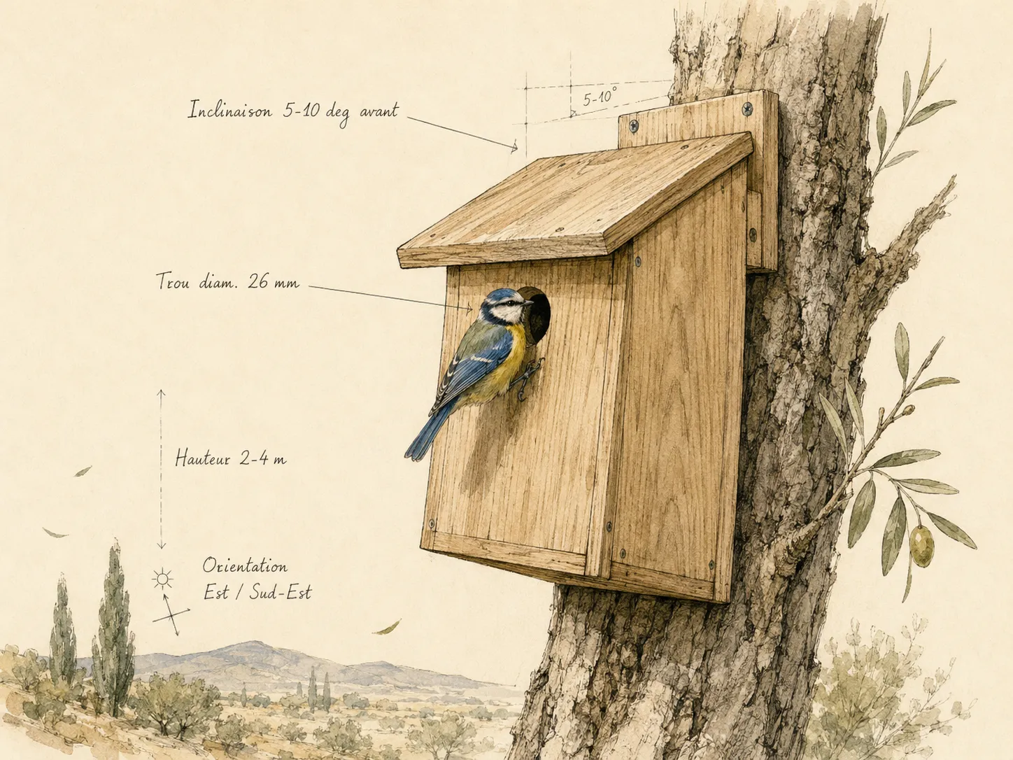 Nichoir en bois installé sur un tronc à 2 à 4 m de hauteur, trou d’envol de 26 mm : une mésange bleue sauvage perchée à l’entrée.