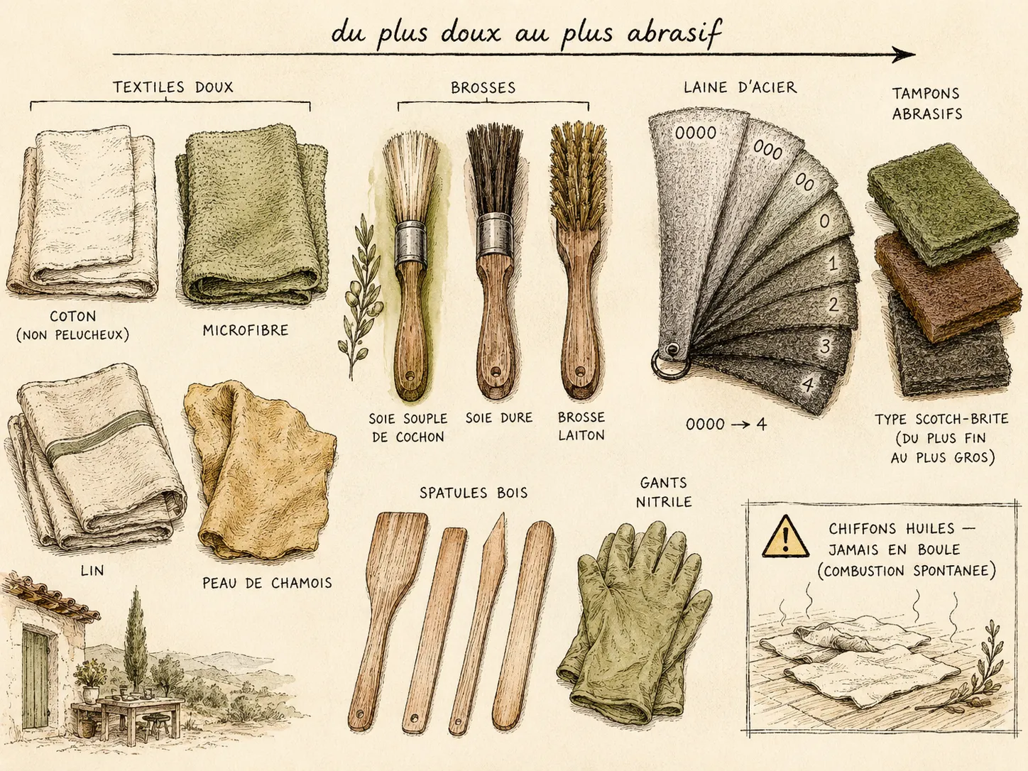 Inventaire à plat du matériel d’entretien : chiffons de textures variées, trois brosses (soie souple, soie dure, laiton), spatules en bois et gants nitrile.