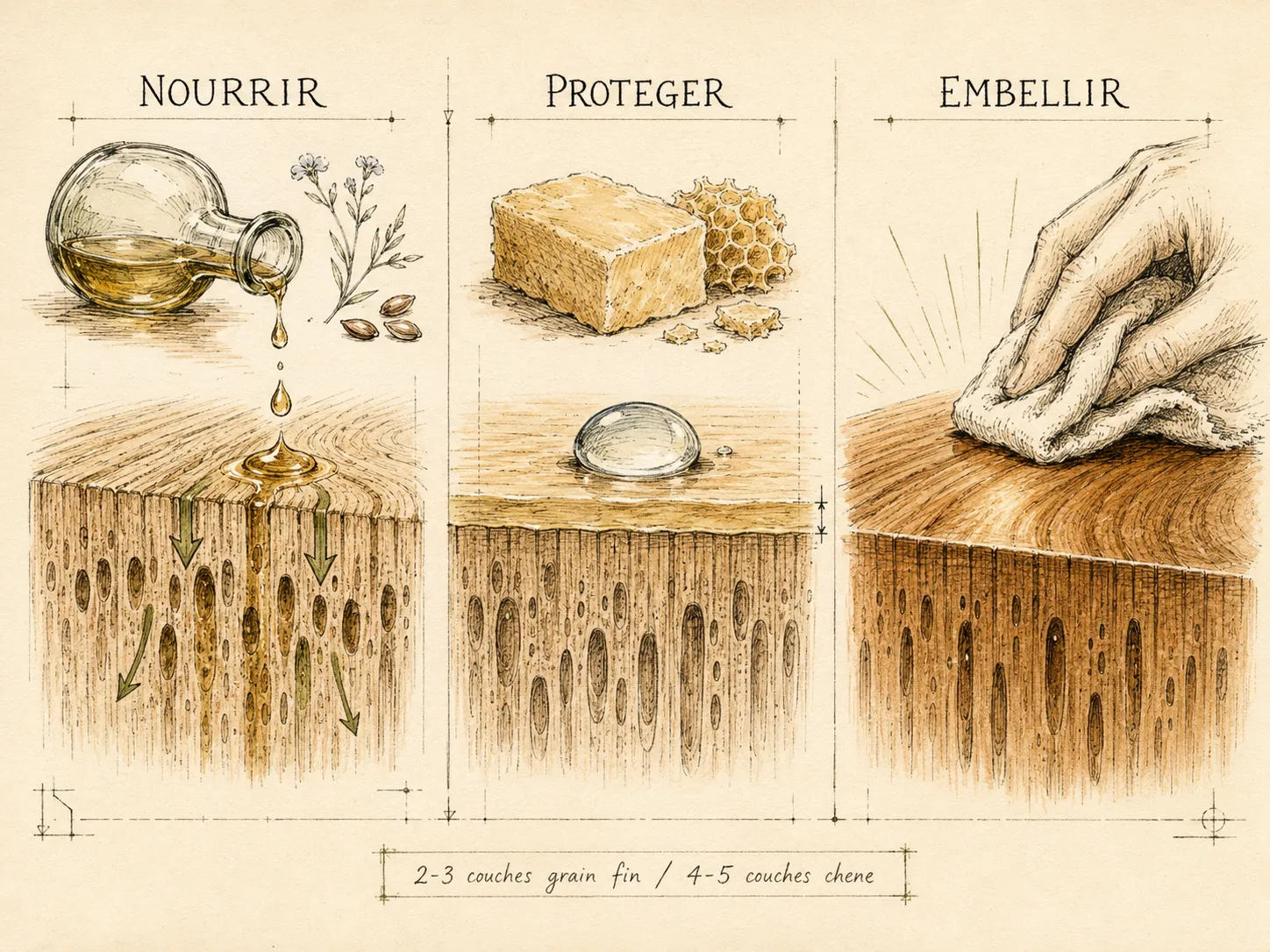 Triptyque illustrant les trois étapes de l’entretien du bois : un panneau huilé, un panneau ciré, un panneau lustré, avec étiquettes manuscrites.