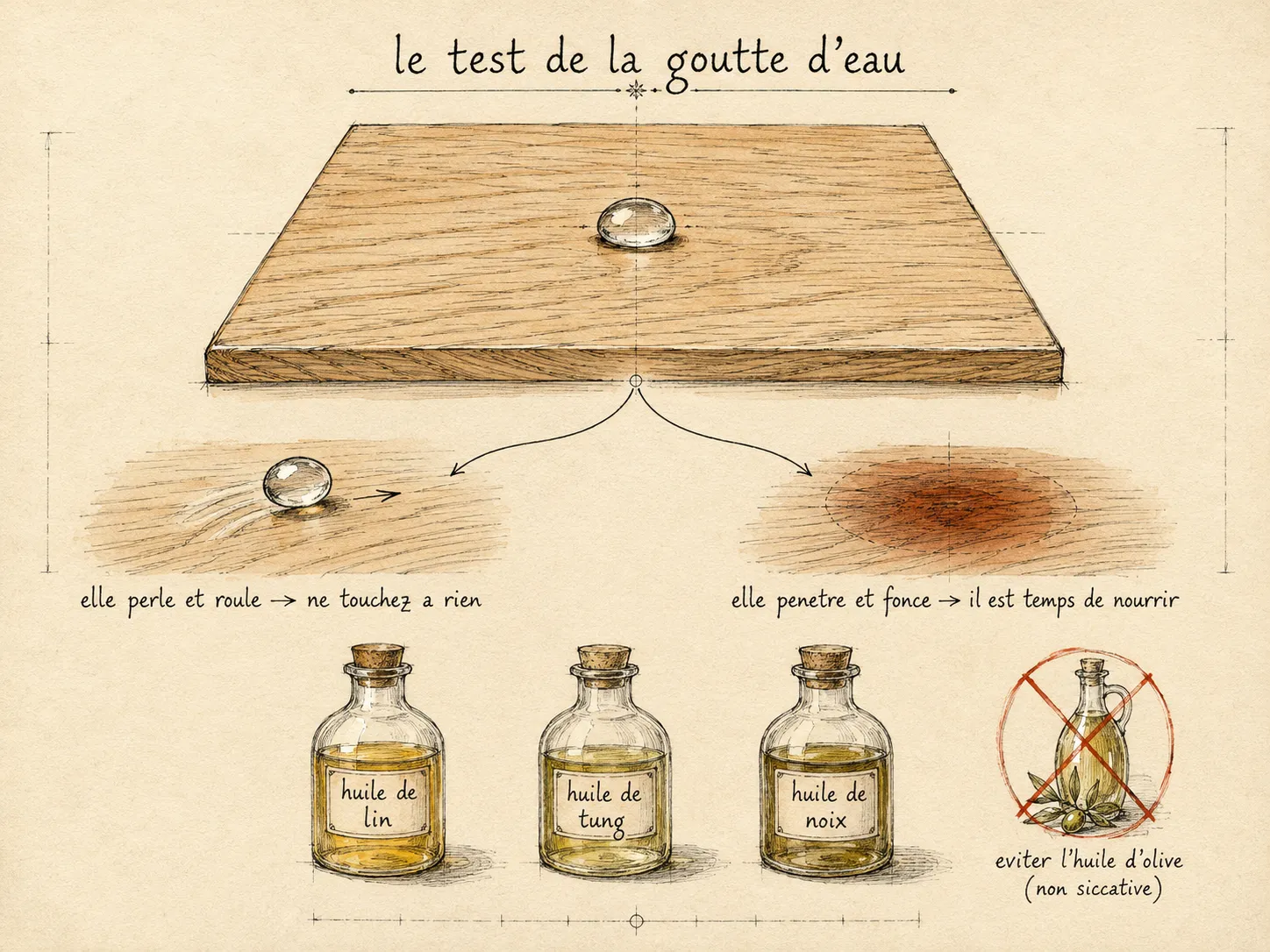 Schéma « le test de la goutte d’eau » : une goutte d’eau posée sur du chêne poli, avec deux résultats ; à gauche elle perle et roule, la finition tient, on ne touche à rien ; à droite elle pénètre et fonce le bois, il est temps de nourrir ; en dessous, trois flacons d’huiles siccatives (lin, tung, noix) et une bouteille d’huile d’olive barrée, à éviter car non siccative.