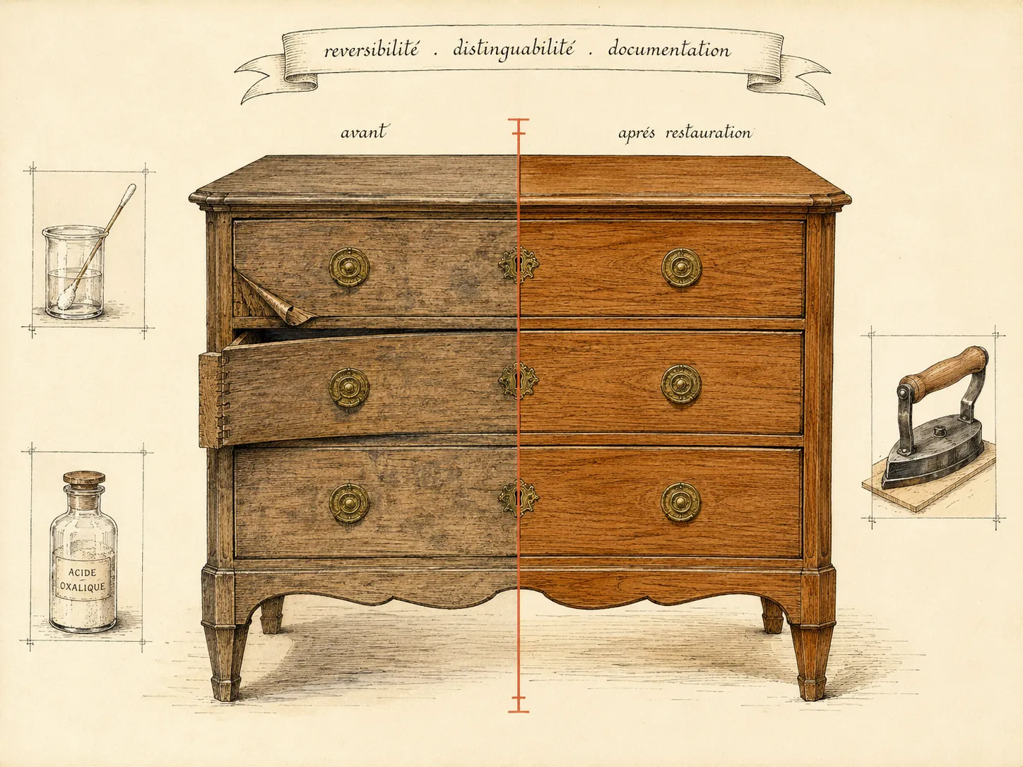 Restauration d’un meuble ancien : une commode dont une moitié est restaurée et l’autre laissée avant restauration, composition révélant le contraste.
