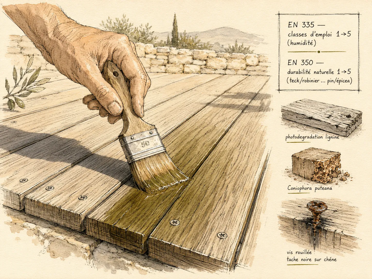 Soins extérieurs d’une terrasse en bois : application d’une huile pour bois extérieur à la brosse, en plein geste, soleil d’après-midi et ombres allongées.
